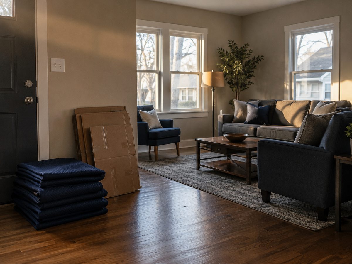 A living room at the end of a move with furniture placed and blankets folded by the door.