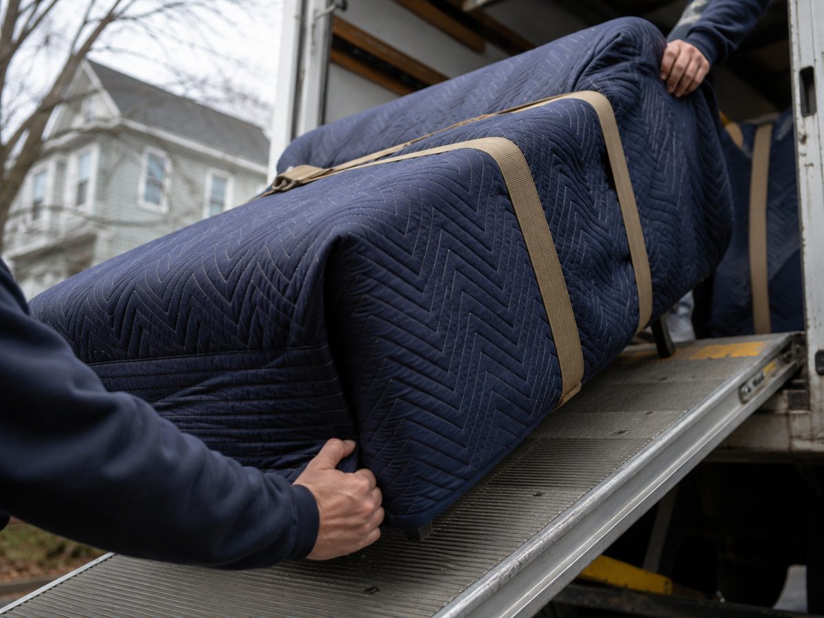 A wrapped sofa being guided up the ramp into a moving truck.