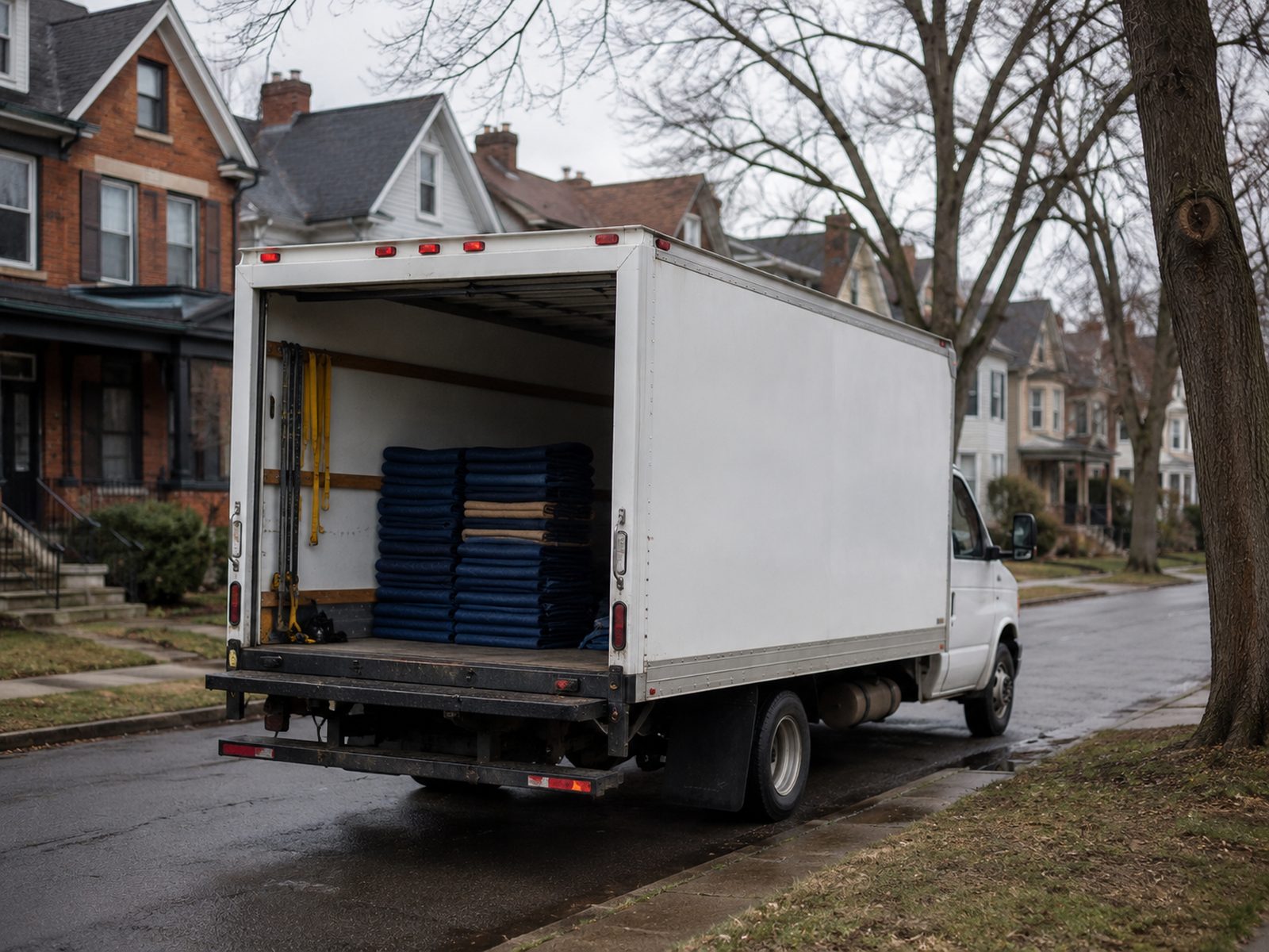 A D-Seekers box truck parked on a Buffalo residential street, rear door open with moving blankets stacked inside.